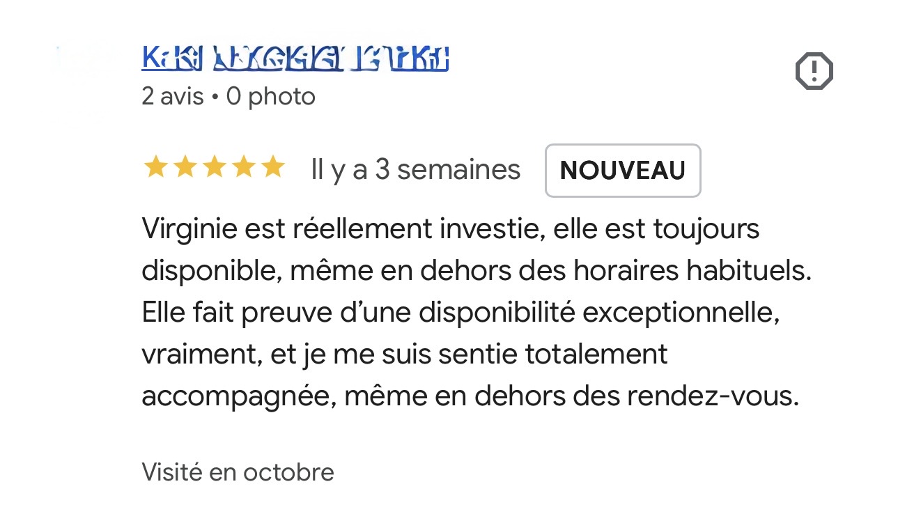 Capture originale de l’avis Google de K., cinq étoiles : « Virginie est réellement investie, elle est toujours disponible, même en dehors des horaires habituels… »